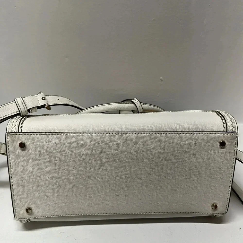 Kate Spade Reiley Dome Satchel Purse Handbag Straw Wicker Leather Trim White